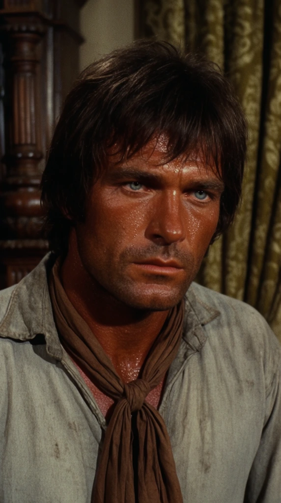 A cinematic close-up captures a rugged, deeply tanned man with an intense, brooding gaze. He features shaggy dark brown hair, striking pale blue eyes, and a weathered face glistening with a sheer layer of sweat. He wears a worn light grey canvas shirt with a loose brown neckerchief tied at the throat. The softly blurred interior background reveals a dark carved wooden pillar on the left and a heavy olive-and-gold damask curtain on the right. Shot on vintage 35mm film with anamorphic framing, dramatic warm directional lighting highlights his highly textured skin and casts deep shadows across half his face, evoking the tense, atmospheric visual style of 1970s cinema.