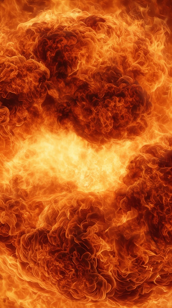 massive churning fireball, billowing clouds of intense flames, bright yellow glowing core, dark reddish-brown turbulent smoke, chaotic swirling fiery textures, macro perspective filling the entire frame, high contrast cinematic lighting, hyper-detailed pyrotechnics, vibrant amber and deep orange color palette