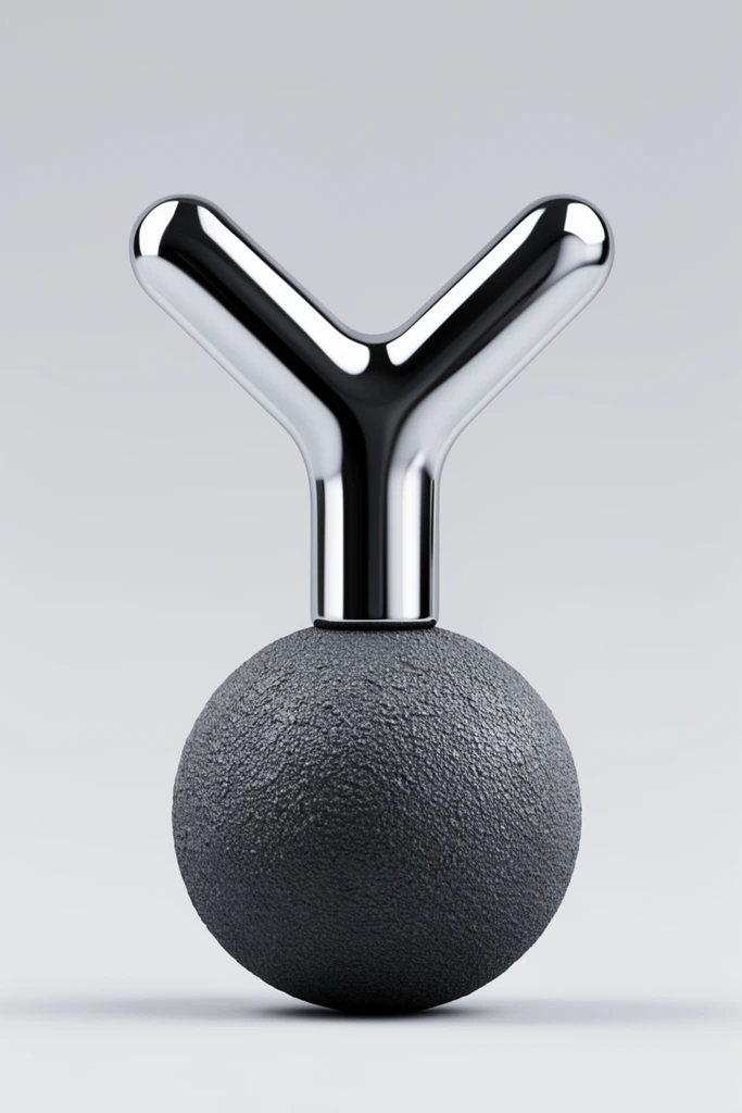 A polished chrome Y-shaped object with rounded arms sits symmetrically atop a dark gray sphere featuring a rough, stippled texture. Isolated on a seamless soft gray background, pristine studio lighting highlights the smooth metallic reflections, creating stark contrast with the gritty base in a minimalist 3D product photography style.