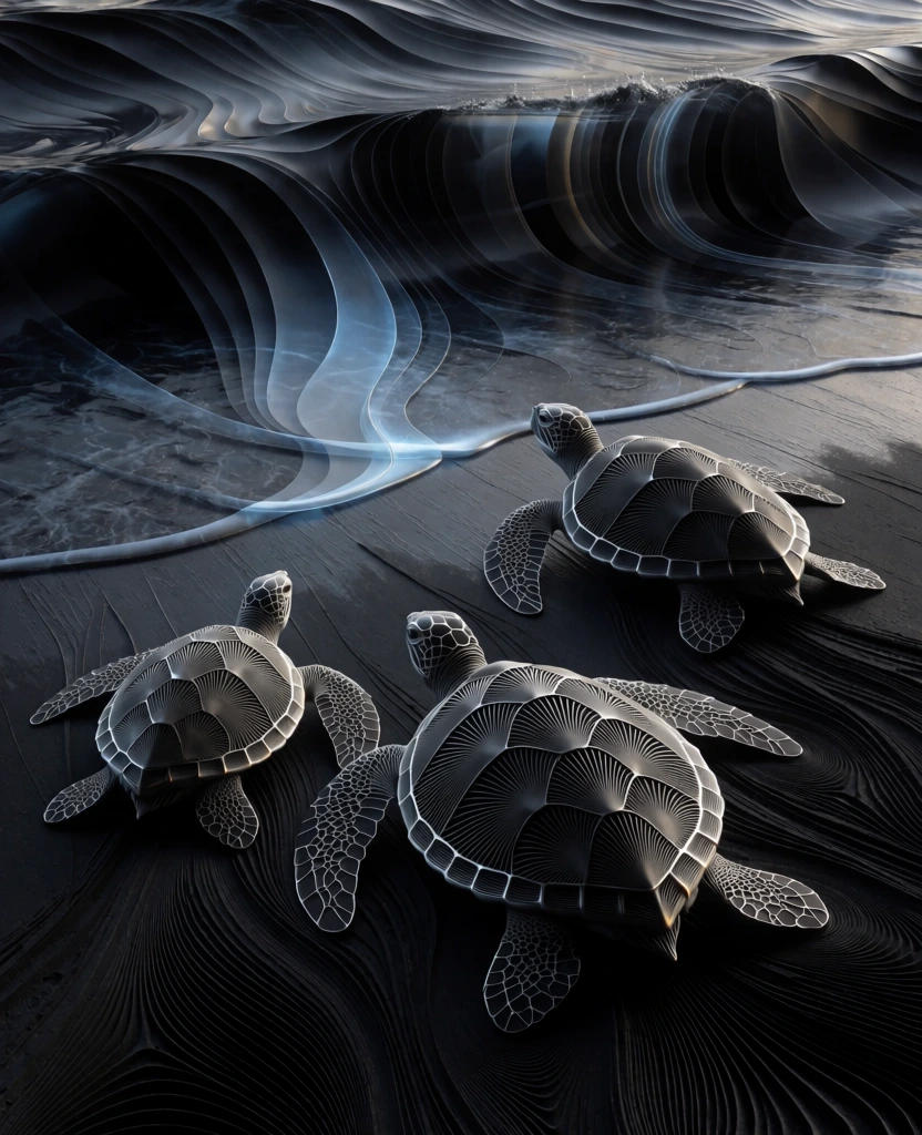 three sea turtles rendered in intricate parametric striations and woven metallic mesh, carapaces defined by fine moiré patterns and sharp silver rim lighting, moving across an abstract beach of charcoal-etched obsidian textures toward a dark undulating ocean of sweeping vertical curves and translucent layered depths, executed in a high-contrast chiaroscuro palette of gunmetal, vanta-black, and subtle icy blue phosphorescence, algorithmic organicism, deep textural grain.