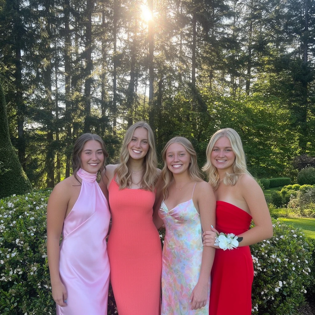 Four young women stand side-by-side in a sunlit garden, all smiling warmly at the camera. From left to right, they wear a light pink satin halter dress, a fitted coral ribbed gown, a pastel floral slip dress, and a vibrant red strapless dress. The blonde woman on the far right wears a white floral wrist corsage and rests her hand on the adjacent woman's waist. Tall evergreen trees dominate the background, deeply backlit by the high sun, creating a glowing lens flare through the canopy overhead. Manicured green shrubs dotted with small white flowers frame the lower foreground. The image is captured with natural daylight photography, featuring a warm, vivid color palette and a medium-full shot composition that contrasts the elegant formal wear against the lush woodland setting.