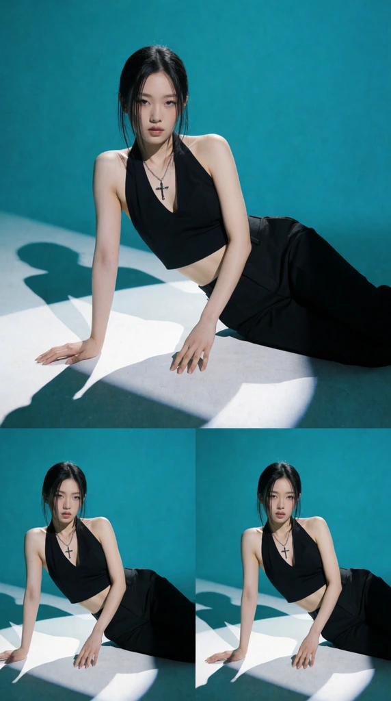 Four-panel editorial layout featuring a top wide shot and bottom triptych, young East Asian woman lying propped on one hand, black halter crop top, black trousers, silver cross necklace, dark hair with loose framing strands, stark white geometric spotlight on the floor, vivid teal background, hard directional shadows, high-contrast fashion photography