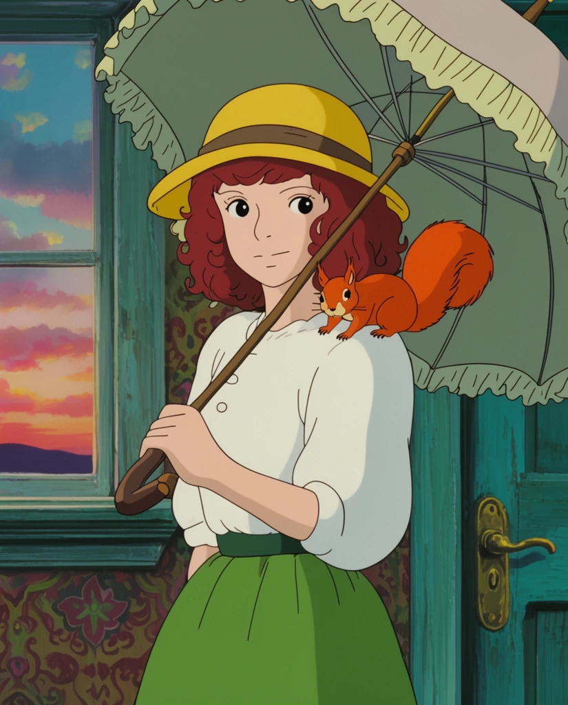 Young woman with curly auburn hair, white blouse, green skirt, yellow sun hat, carrying a vintage umbrella over her shoulder, orange squirrel perched on her shoulder, near a teal wooden door with brass handle, window showing a sunset sky, patterned wallpaper, 2D animation style, cel-shaded character, hand-painted anime aesthetic