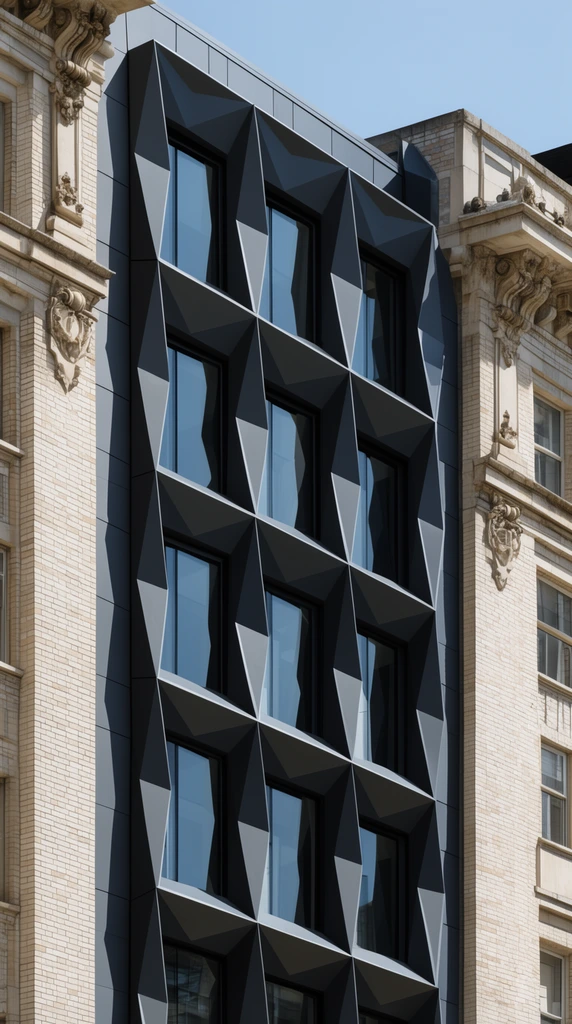 dark grey modern building facade, faceted geometric diamond exoskeleton, recessed reflective glass windows, flanked by classic light brick architecture with ornate stone corbels, bright daylight, sharp shadows, architectural photography