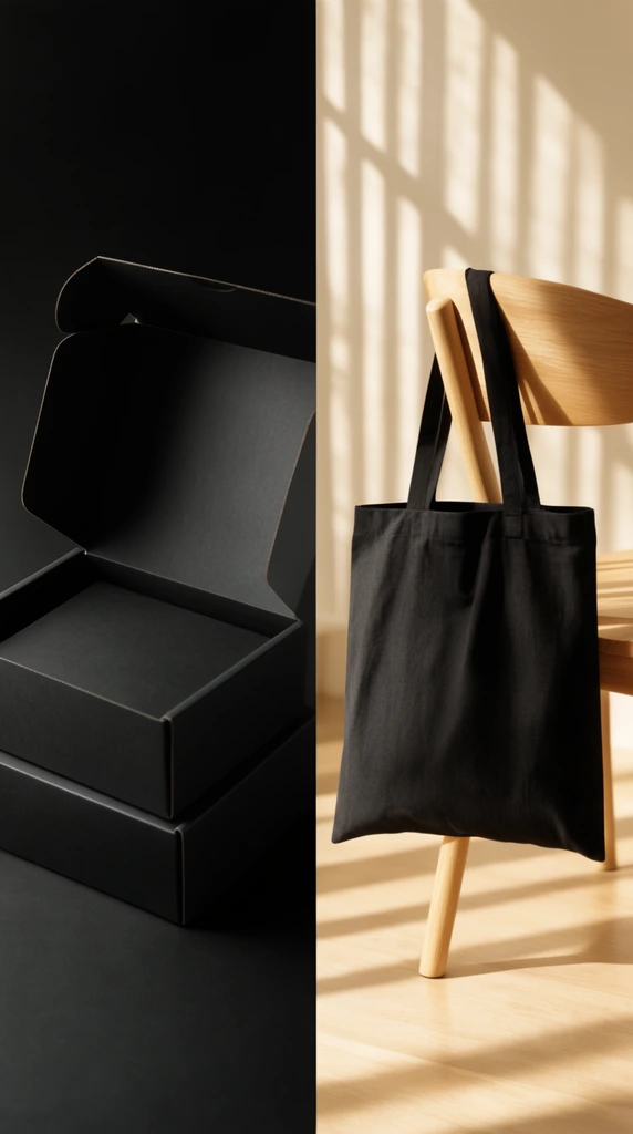 split image, dark matte black open cardboard boxes in low key studio lighting on left, black fabric tote bag hanging on light wooden chair on right, warm sunlight, striped window shadows, minimalist product photography