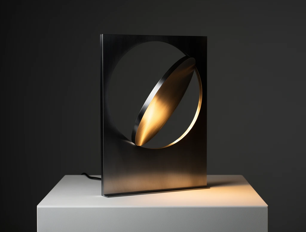 minimalist geometric metal table lamp, dark brushed steel rectangular plate, large circular cutout with an angled disc pivoting outward, warm golden light reflecting off the tilted inner surface, resting on a matte white pedestal, seamless dark grey background, high-end product photography, dramatic chiaroscuro lighting, modern industrial design
