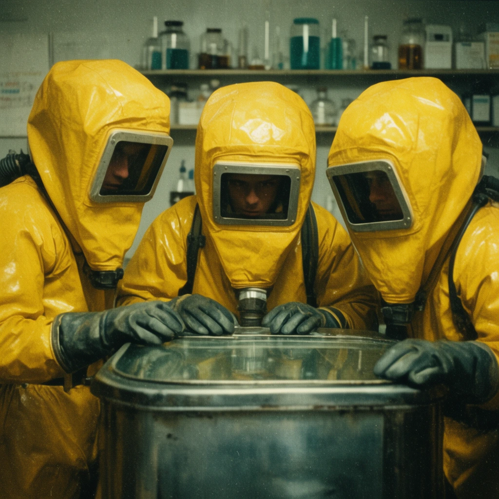 Three figures in bulky yellow hazmat suits with rectangular visors, looking into a glass-topped metal container, retro laboratory background, grainy film