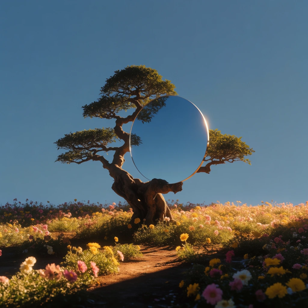 surrealist conceptual photography, solitary gnarled sculptural bonsai-like tree in a field of blooming flowers, gnarled branches holding a large circular mirror reflecting the clear deep blue sky, minimalist vertical composition, harsh golden hour side-lighting, long dramatic shadows, ethereal dreamlike aesthetic, rich warm natural color palette, high contrast, clean lines, serene atmosphere