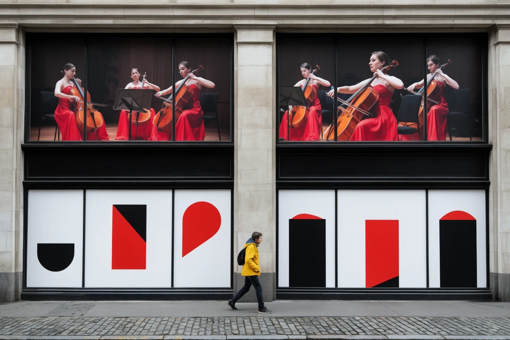 large urban building facade with wide black-framed windows, top windows showing giant posters of female cellists in red gowns performing, bottom windows covered by white panels with abstract red and black geometric shapes, lone pedestrian in yellow jacket walking on grey cobblestone sidewalk, flat frontal perspective, overcast daylight, architectural street photography