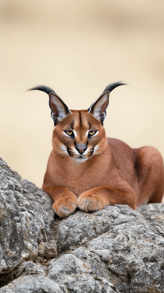 A reddish-brown caracal with prominent black ear tufts rests atop a heavily textured grey rock outcropping. The wild feline lies with front paws neatly tucked, gazing directly forward with piercing yellow eyes. A completely smooth, out-of-focus creamy beige background isolates the subject with a shallow depth of field. Soft natural lighting emphasizes the stark contrast between the coarse stone and the sleek fur.