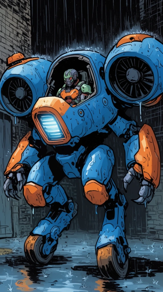 comic book illustration, towering blue and orange bipedal mech suit, pilot in futuristic armor seated in open cockpit, dark rainy alleyway, rounded heavy armor, massive shoulder turbine thrusters, glowing front grille, claw hands, reverse-jointed legs with wheel feet, heavy rain streaks, water dripping from metal, wet reflective ground, cel-shaded, bold black outlines, low angle
