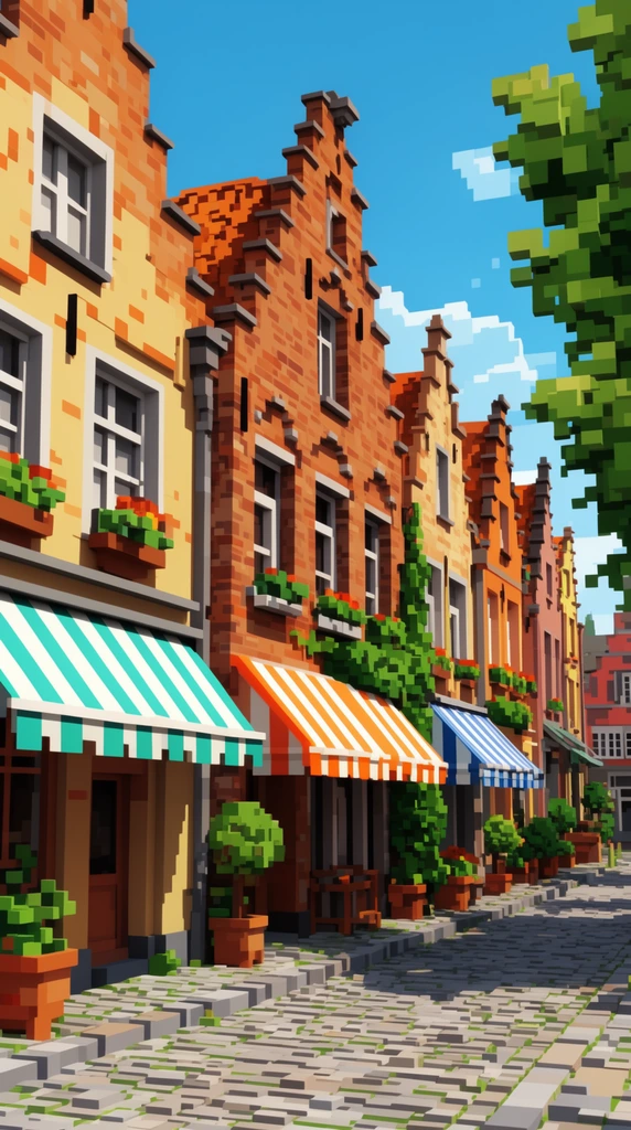 Voxel art of a vibrant European street. Blocky buildings with stepped gables, brick facades, and striped awnings line a cobblestone path. Pixelated greenery and sharp sunlight shadows detail the bright low-poly architecture.