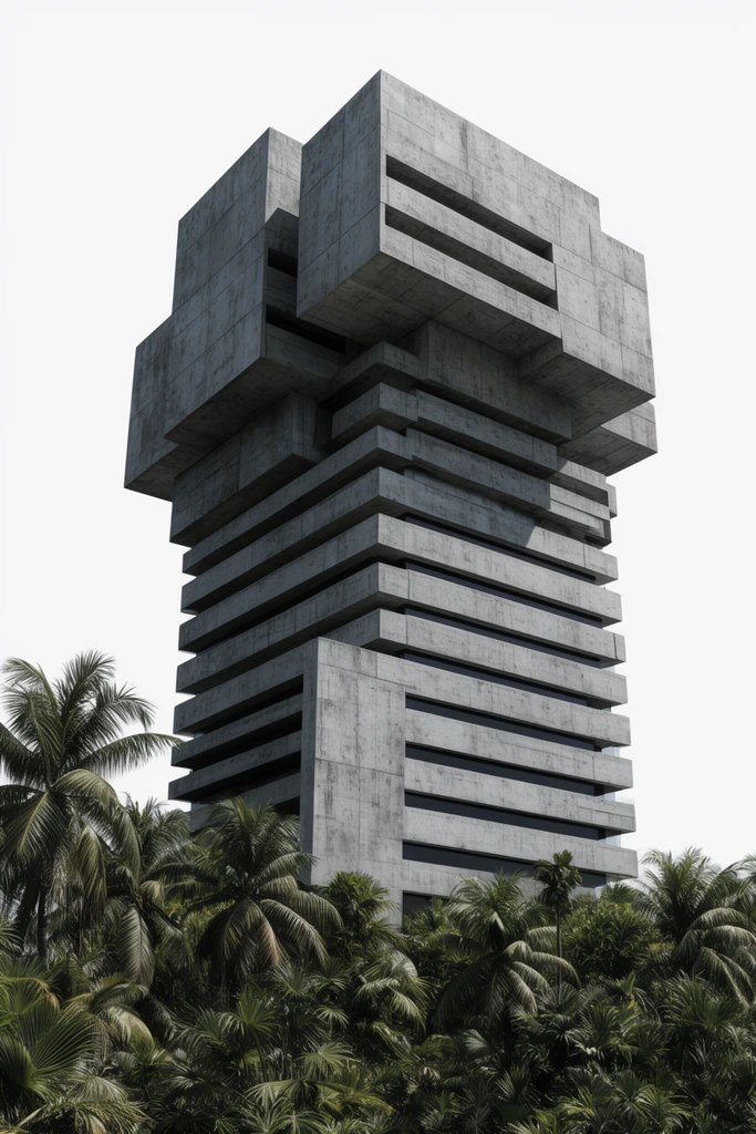 imposing brutalist concrete skyscraper, geometric cantilevered blocks, grey horizontal bands, emerging from lush green tropical palm trees, stark pure white sky, high contrast architectural photography