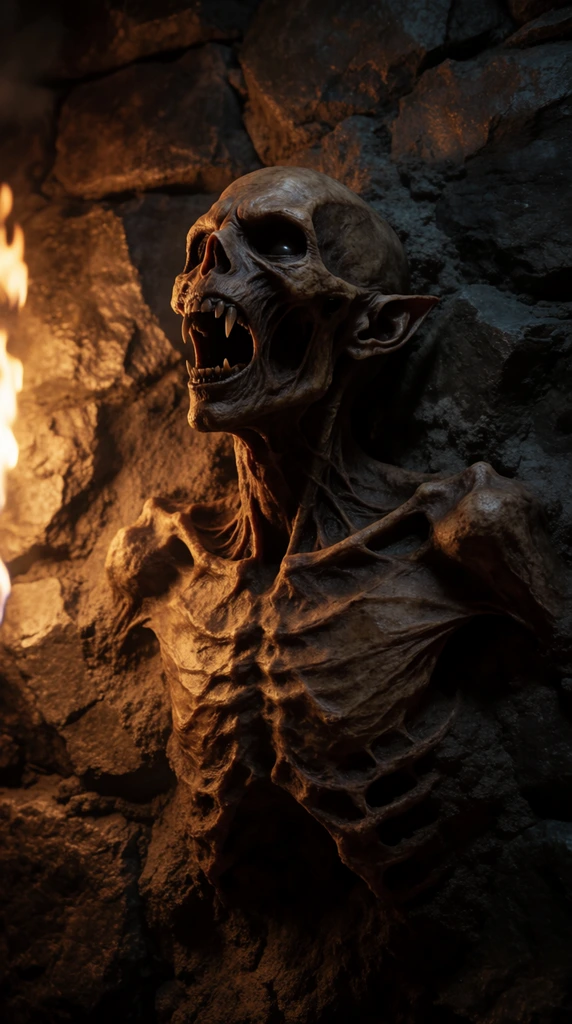 A desiccated, mummified humanoid creature partially embedded in a rugged, dark stone wall. The skeletal figure features leathery brown skin tightly stretched across pronounced bones, deep hollow eye sockets, elongated pointed ears, and a gaping jaw revealing sharp, jagged fangs. Its head tilts sharply upward in a frozen scream. An intense, warm firelight from the extreme left edge throws harsh, directional highlights across the highly textured, uneven rock face and the monster's jutting collarbones. Deep, contrasting shadows with subtle cool blue undertones consume the right side of the composition, enhancing the eerie, cinematic dark fantasy atmosphere and emphasizing the macabre realism.