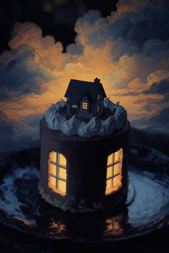 Nocturnal Storybook Surrealism style reference image — crooked fairytale architecture