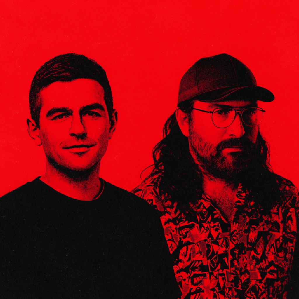 high-contrast red and black duotone portrait of two men, silkscreen print aesthetic, left man with short hair in solid t-shirt, right man with long hair wearing a cap and glasses in patterned shirt, heavy threshold filter, grunge texture, solid red background