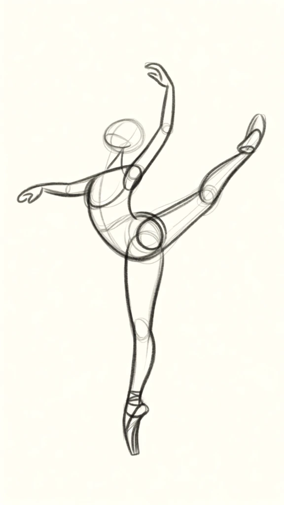 A rough pencil sketch depicts a human figure in a graceful ballet pose, standing on one toe with the opposite leg extended backward in an arabesque. The figure is constructed using overlapping circles and ovals to define the head, chest, hips, and joints, with a torso that arches slightly backward. The supporting leg remains straight, ending in a pointed foot, while the other leg is extended behind the body at an upward angle with its foot also pointed. The right arm is raised above the head with a curved elbow and a flexed hand, whereas the left arm extends horizontally to the side. The head is a simple oval containing horizontal and vertical guide lines, tilted upward and away from the viewer. Several light, curved motion lines appear near the raised leg and hands. This monochrome gesture drawing is centered against a plain, solid off-white background and utilizes dark grey lines of varying thickness. Visible construction lines, including circles for the shoulders, elbows, knees, and ankles, reveal the underlying anatomical structure of the pose. The perspective is a full-body profile view that captures a fluid, dynamic motion.