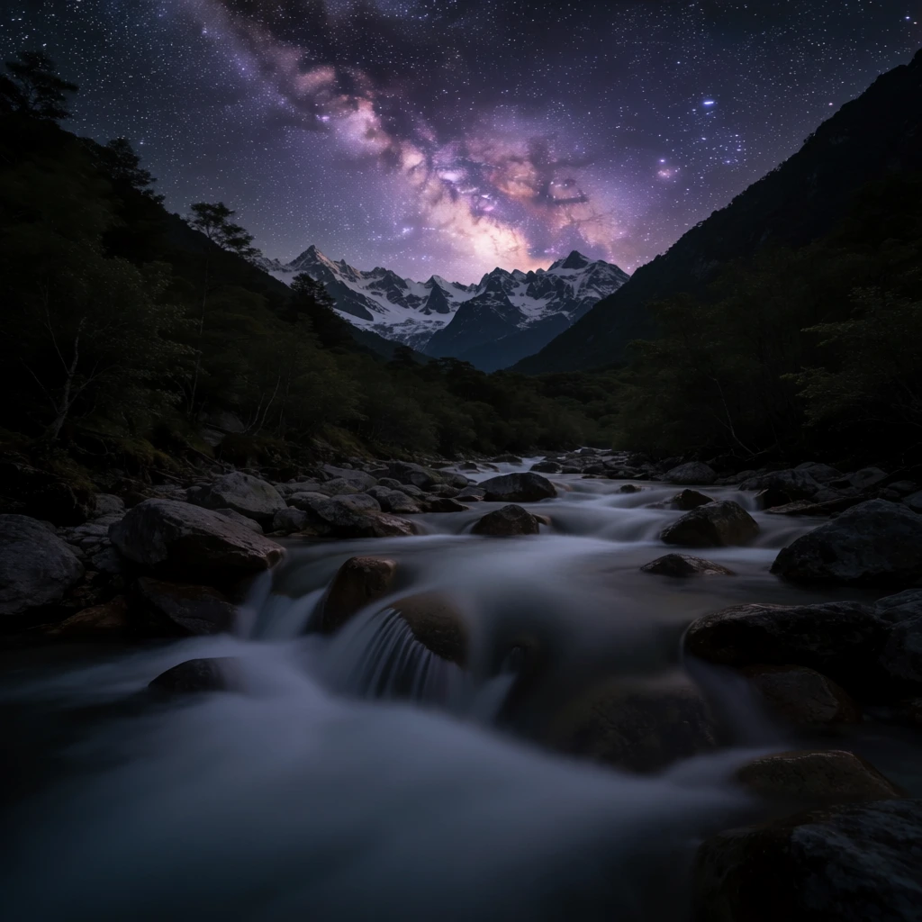 A smooth flowing river cascades over wet rocks through a dark forested valley toward distant snow-capped mountains under a vibrant starry night sky. Long exposure photography renders the water silky white against deep shadows. Above the jagged peaks, the glowing purple and pink band of the Milky Way galaxy dominates the cosmos, creating a majestic high-contrast astrophotography landscape.