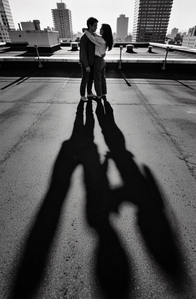 extreme bird's-eye view, high-contrast monochrome photography, man and woman embracing in the foreground, long elongated black shadows stretching across grainy asphalt, urban skyline visible in the background, minimalist graphic composition, noir aesthetic, harsh low-angle sunlight, sharp silhouettes, cinematic film grain, stark shadows mimicking figures, 35mm street photography style, deep blacks, brilliant whites, surreal urban atmosphere, top-down perspective.