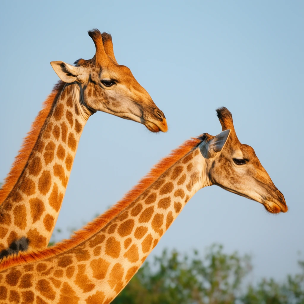 Two giraffes stand in profile against a clear light blue sky, illuminated by warm directional sunlight from the left. Tightly cropped from the mid-neck up using a telephoto lens, the left giraffe is positioned slightly higher while the right giraffe leans forward, both looking toward the right edge of the frame. They feature distinctive coats of irregular warm brown patches separated by light tan lines, with short reddish-orange manes running down their dorsal ridges. Their heads display prominent ossicones, large dark eyes, and long muzzles. Softly blurred green foliage peeks just above the bottom edge of the frame.