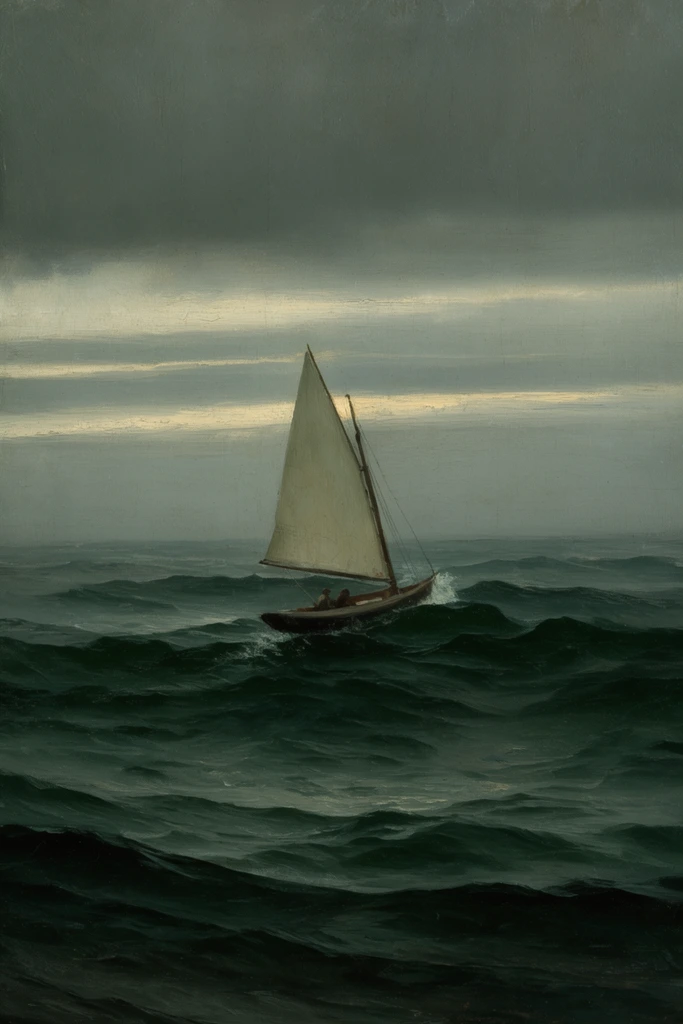 small sailboat navigating dark rolling ocean waves, pale triangular sail, deep green swells, overcast gloomy sky, horizontal bands of pale light, moody atmospheric oil painting