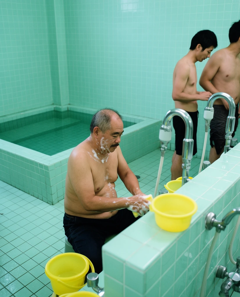 An older shirtless man with white soap suds on his neck washes with a yellow sponge inside a brightly lit public bathhouse covered entirely in mint-green square tiles. He sits beside a low partition mounted with curved chrome shower fixtures. In the background right, two younger shirtless men stand near the showers. A recessed square bathing pool occupies the back left corner. The cool monochromatic teal environment contrasts sharply with bright yellow plastic wash buckets and warm skin tones, captured in a crisp, candid photographic style with deep focus.