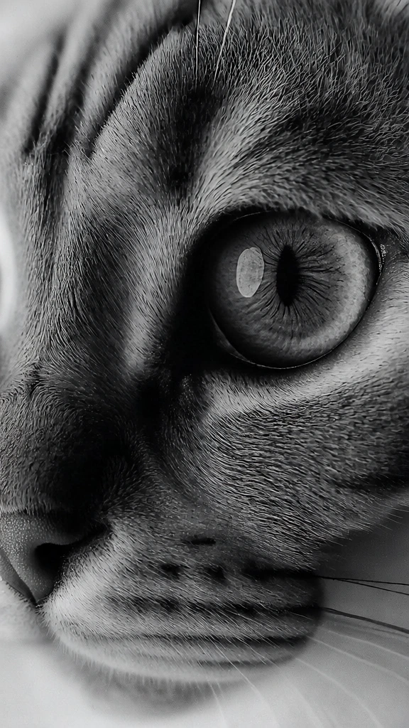 extreme macro photography, high-contrast monochrome, dramatic black and white lighting, close-up of a cat's face featuring hypnotic eyes, intricate spiral iris patterns, delicate teardrop shapes within the pupils, ultra-fine fur detail, sharp focus, cinematic film grain, vertical composition, deep obsidian shadows, stark highlights, artistic textured aesthetic