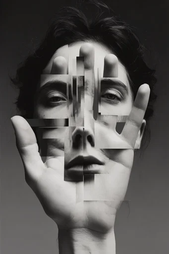 Fragmented Monochrome Surrealism style reference image — vertical strip displacement