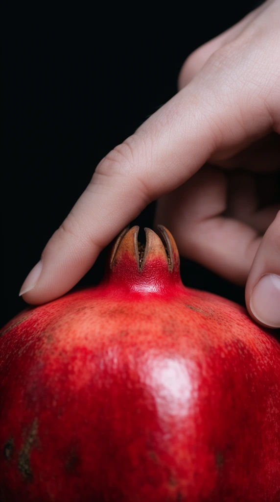 pale hand resting index finger on the crown of a red pomegranate, vivid red surface, stark black background, close-up editorial photography, dramatic color contrast, shallow depth of field