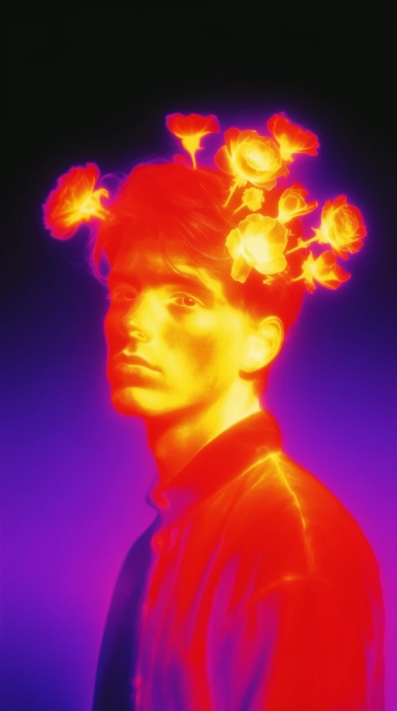 A young man with flowers in his hair rendered in a vivid, high-contrast thermal imaging aesthetic. His figure radiates intense false-color infrared heat signatures, with his facial features and the core of the floral blooms glowing in blinding, luminous yellow and vibrant neon orange. The outer edges of his form, his hair, and the delicate petals transition into deep, saturated crimson and red, creating a stark, intensely glowing silhouette. He is positioned against a smooth, seamless backdrop that gradients from pitch black into a deep, electric ultraviolet and rich magenta. The thermographic rendering produces a neon-drenched visual effect with sharp halation and a luminous bloom radiating from the brightest yellow points of his thermal contour.