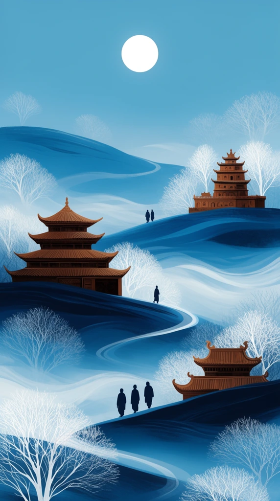 Stylized cyan and navy blue landscape of undulating hills with warm brown multi-tiered traditional temples. Silhouetted figures walk winding paths among stark white, frost-like trees and flowing mist beneath a stark white sun.