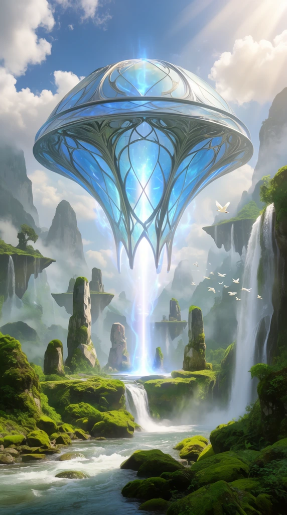 A colossal, glowing inverted dome hovers above a lush fantasy valley filled with waterfalls and floating stone pillars. The central structure features translucent blue panels framed by intricate silver metalwork, projecting a brilliant beam of white light and blue energy. Vibrant green, moss-covered rocky outcrops step down into a rushing river. Floating landmasses and towering, mist-shrouded mountain peaks fill the background. A flock of white birds flies near a tall waterfall on the right. Bright sunlight illuminates puffy clouds in a blue sky, casting volumetric rays across the cinematic digital environment.