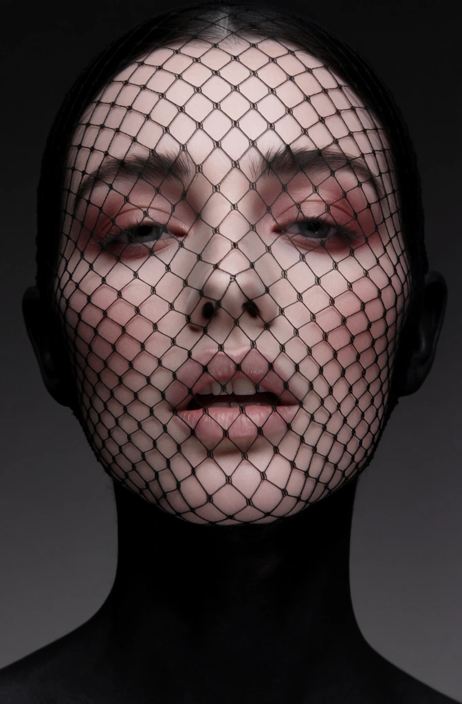 A close-up portrait showcases a woman's face and neck, with her entire head enveloped in a black fishnet veil. The black netting is composed of thin, knotted threads forming a repeating diamond-shaped grid that tightly contours her features, from her forehead down to her chin. Her fair skin has a pale pinkish undertone visible beneath the mesh. Her eyes are partially open and gaze directly forward, while her lips are slightly parted, revealing her upper teeth. Her eyebrows are dark and well-defined, complemented by a soft, reddish eyeshadow. A solid, matte black color covers her neck and the perimeter of her face, including her ears, creating a stark silhouette that blends into the dark environment. The background is a smooth, minimalist gradient of charcoal grey that lightens slightly behind the subject's head. The lighting is soft and frontal, emphasizing the texture of the netted material and the delicate highlights on her skin. This high-contrast, desaturated composition uses a tight, centered frame to focus entirely on the graphic patterns of the veil against the woman's facial features.