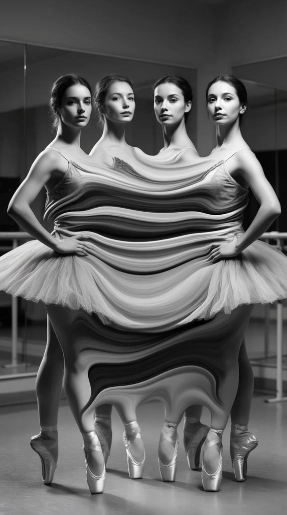 Four female ballet dancers wearing tutus and pointe shoes pose in a studio featuring a ballet barre and large mirrors in the background, all captured in crisp, monochromatic black and white photography. The dancers' bodies, faces, and garments undergo a dramatic, surreal horizontal distortion, with sections of their physical forms stretching sideways like smooth, viscous liquid to merge seamlessly with adjacent figures. These elongated, flowing bands of grayscale tones create continuous ribbons of texture that bridge the space between the women. Soft, directional studio lighting casts deep shadows and brilliant highlights, emphasizing the delicate tulle of the tutus and the smooth ribbons of the pointe shoes in the sharply focused, undisturbed areas. The scene merges hyper-realistic rendering with avant-garde digital manipulation, utilizing smooth gradients and high-contrast shading to accentuate the fluid, smeared connections contrasting against the strict, elegant postures of the classical ballet pose.
