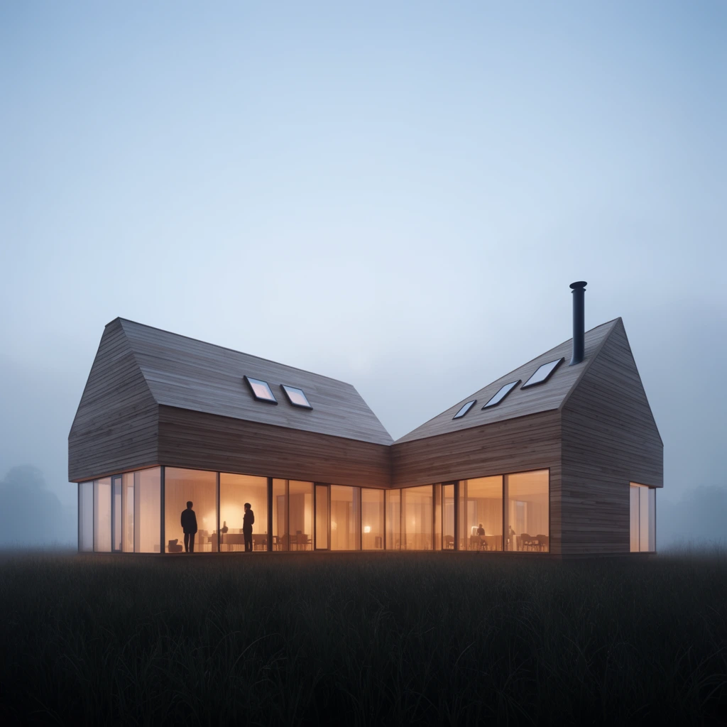 A modern, wood-clad L-shaped building with asymmetric pitched roofs and glowing floor-to-ceiling glass walls stands in a dark field of tall grass. Warm interior lighting silhouettes figures inside, contrasting sharply with the pale blue, misty twilight sky. A slender chimney, top-mounted skylights, and horizontal wooden siding define the minimalist silhouette in this serene, photorealistic architectural rendering.