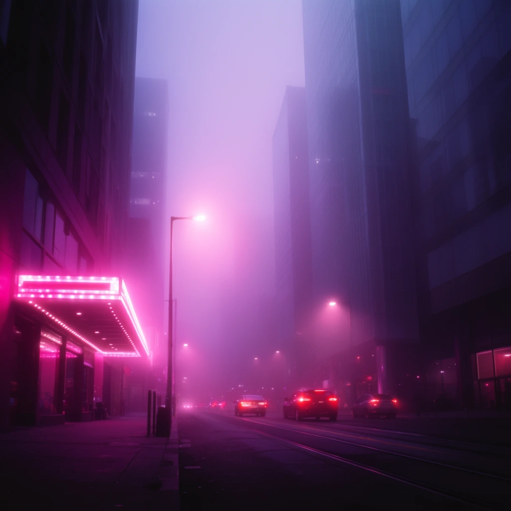 misty urban street at night, towering modern buildings framed in heavy atmospheric fog, intense neon pink and deep purple illumination, glowing magenta marquee on a sidewalk awning, streetlamp casting a diffused pink glow, distant cars with bright red taillights, dark pavement with embedded tram rails, moody cinematic lighting, light diffusing through dense mist, lavender sky gradient, vertical composition