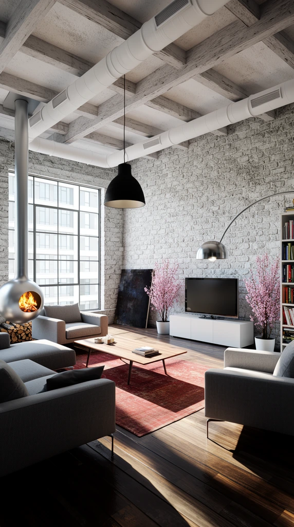 An industrial loft living room blends modern furnishings with raw architectural elements under bright natural light. Textured white brick walls, dark hardwood floors, and exposed ceiling beams with white ventilation ducts frame the space. A grey sectional sofa and two armchairs surround a wooden coffee table on a faded red rug beneath a black dome pendant. A suspended silver spherical fireplace holding a bright fire hangs beside a stack of chopped logs. A white media console with a flat-screen television sits near a curved silver floor lamp, two pink blossoming potted plants, and a tall bookshelf. A dark canvas leans against the wall near a massive multi-paned window framing a view of an adjacent modern building. The wide-angle architectural interior rendering captures high-contrast daytime lighting casting long, sharp shadows across the floorboards, highlighting the juxtaposition of rough masonry and sleek contemporary finishes.