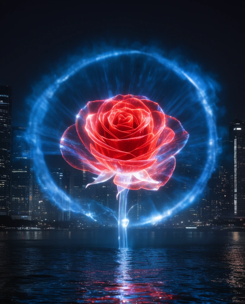 glowing holographic red rose projection, luminous blue circular aura, nighttime city skyline, illuminated skyscrapers, water reflections, high contrast night photography, ethereal light art