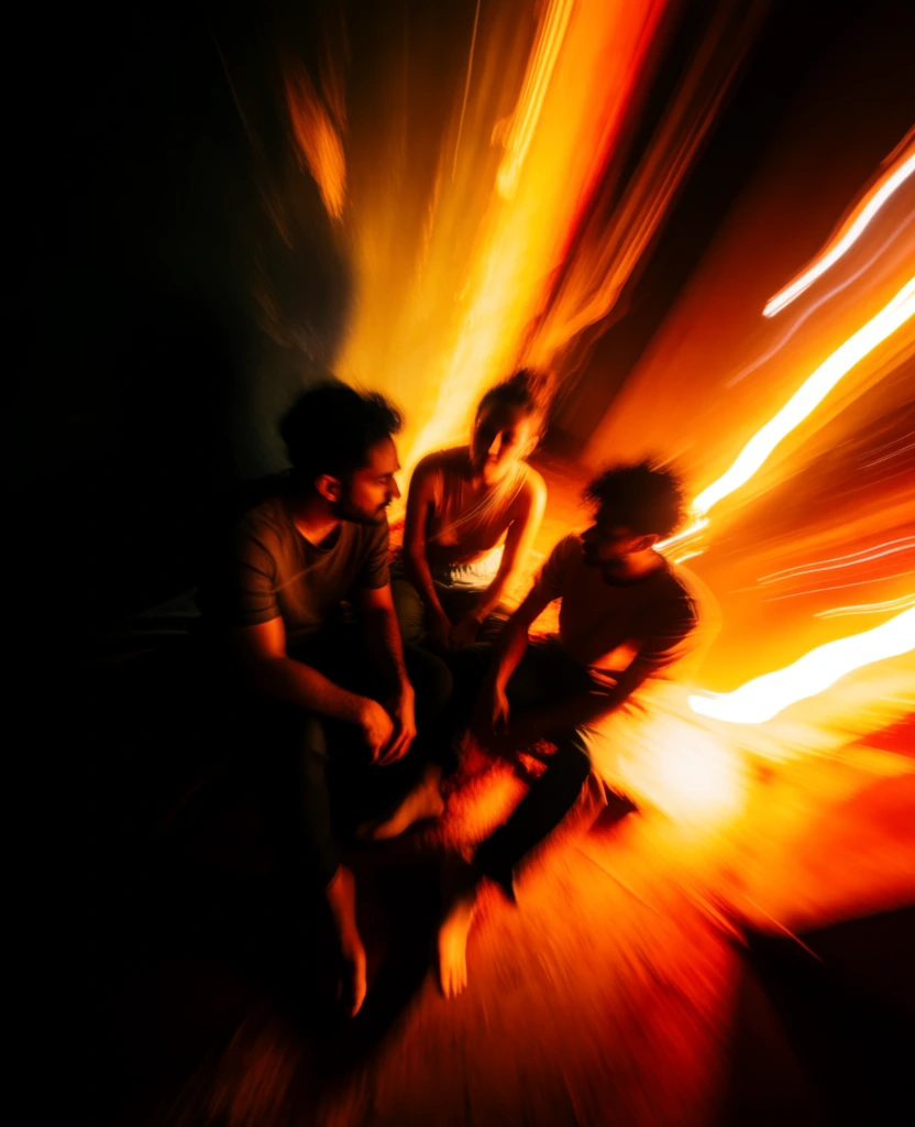 high-speed motion blur photography featuring three people in a dark room, aggressive diagonal light streaks cutting through deep shadows, kinetic energy, extreme bird's-eye view composition, saturated neon colors against rich blacks, intentional camera movement creating painterly textures, sharp focus on the central trio amidst a vortex of blurred light, high contrast, dramatic shadows, vibrant pops of color, dynamic and abstract aesthetic, long exposure panning effect, modern style