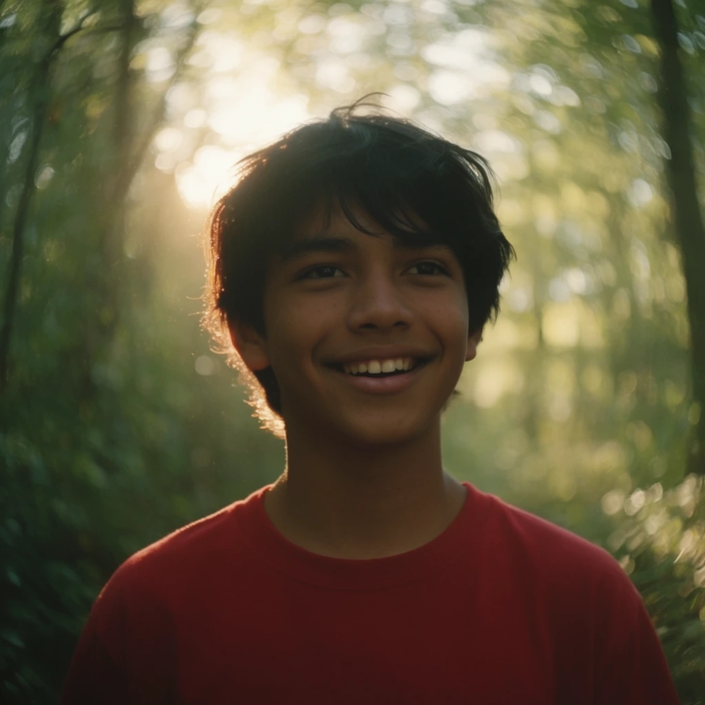 A cinematic portrait of a smiling teenage boy standing in a sunlit forest. The boy has dark, slightly messy hair, a warm complexion, and wears a plain red crewneck t-shirt. He smiles openly, glancing just off-camera. The background features dense foliage completely softened by a heavy, slightly swirling bokeh effect. Bright sunlight filters through the canopy directly behind him, creating a strong backlight that outlines the left edge of his hair with a glowing rim light. Shot with a shallow depth of field and warm natural lighting, the composition evokes a nostalgic, atmospheric indie-film aesthetic.