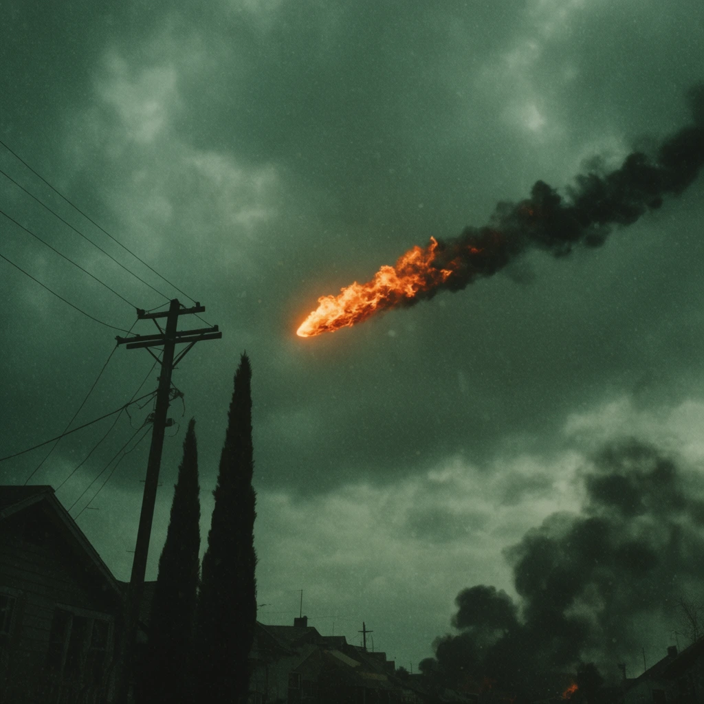 fiery projectile streaking across an ominous overcast green sky, bright orange flames and thick dark smoke trail, wooden telephone pole with power lines, two slender cypress trees, dark neighborhood silhouettes, rising black smoke on the lower right horizon, apocalyptic atmosphere, cinematic low angle, heavy film grain, teal and orange color grading