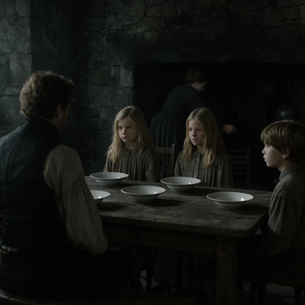 A family sits at a rustic wooden table in a dimly lit stone room. A man in a dark vest faces away in the foreground, opposite two blonde girls in drab dresses gazing at empty white bowls. A boy sits on the right edge. In the deep shadows, a woman tends a dark hearth. The wide cinematic shot uses desaturated colors and low-key lighting.