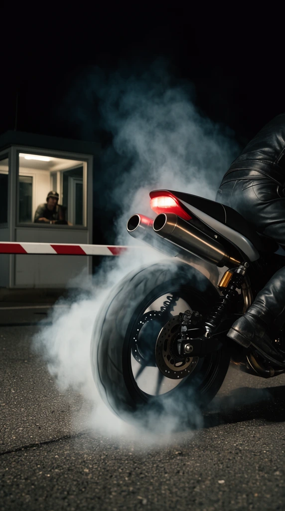 A low-angle nighttime shot of a motorcycle performing a burnout, generating thick white smoke. The motorcycle's rear features dual exhaust pipes, a glowing red taillight, and a rider's leather-clad leg planted on the asphalt. In the left background, an illuminated guard booth stands in darkness, with a figure inside looking out past a red and white striped barrier. Cinematic high-contrast lighting focuses on the dynamic smoke.
