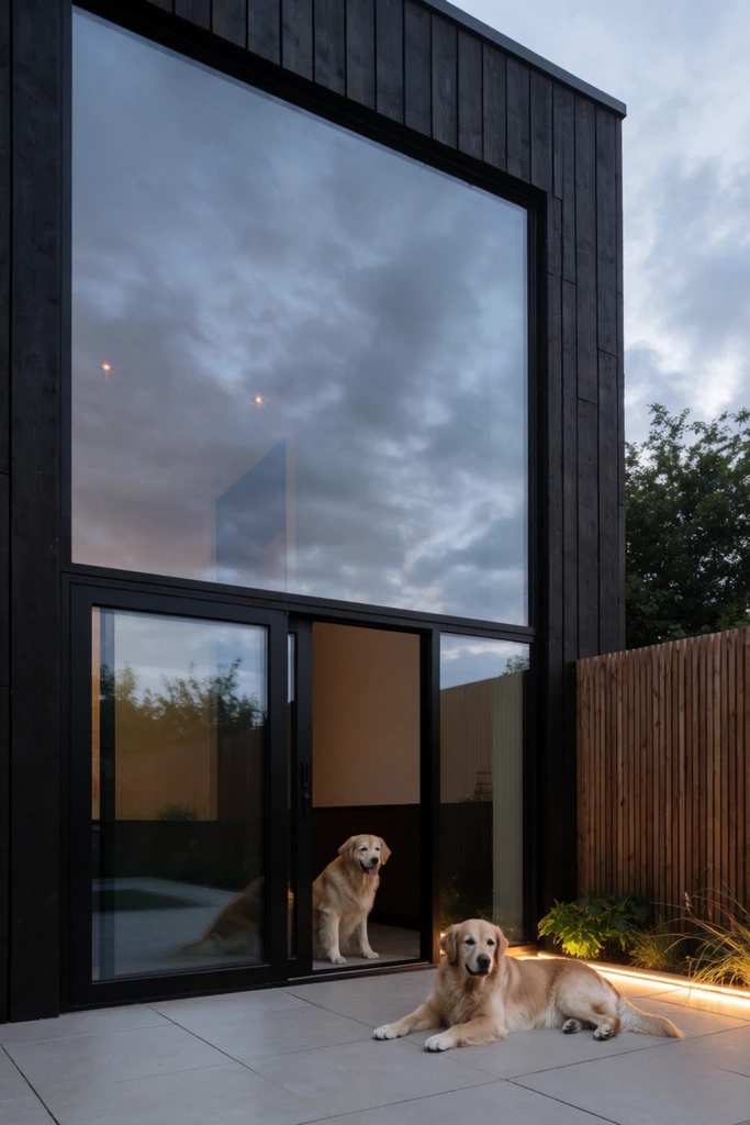 golden retriever resting on modern patio, second dog inside open sliding glass doors, dark siding, glass reflecting cloudy dusk sky, wooden slat fence, warm LED planter lighting, architectural photography