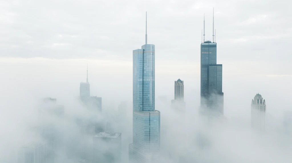 skyscrapers piercing dense white fog, central cylindrical glass tower with spire, tall dark rectangular building with dual antennas, overcast pale grey sky, aerial perspective, ethereal minimalist cityscape, hazy, muted cool tones, soft diffused lighting