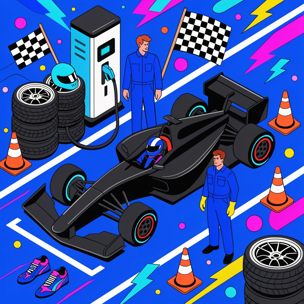 An isometric pop-art vector illustration of a black open-wheel race car on a bright blue track. Two mechanics stand near the vehicle and a charging station. The surrounding environment is densely filled with racing gear, including stacked tires, a helmet, a checkered flag, racing shoes, and traffic cones. The energetic composition features bold black outlines, flat vibrant colors, and floating geometric shapes like lightning bolts and spheres in neon cyan, pink, and yellow.
