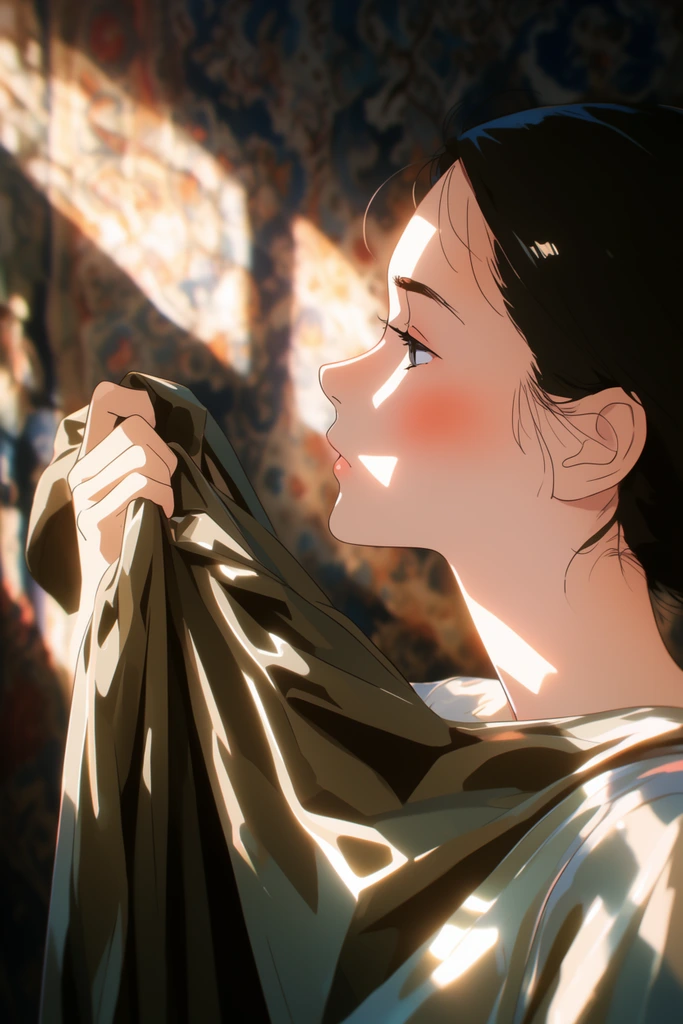A high-gloss, modern anime-style digital illustration of a woman viewed in precise profile holding a draped garment against a vividly patterned background. The woman and the fabric are rendered with crisp, delicate dark line art and sharp, cel-shaded coloring. Intense, dramatic directional sunlight strikes the scene, casting stark, geometric shadows across her facial features and the angular folds of the garment. Her skin features soft, airbrushed peach blush gradients contrasted with brilliant, luminous white highlights on the prominent edges of her profile. The held garment displays deep, high-contrast shaded recesses and glossy, reflective illuminated ridges. The patterned background is bathed in the same warm, sun-drenched cinematic lighting, creating a striking visual depth through the interplay of glowing sunbeams and deep, inky cool-toned shadows. The entire composition utilizes a polished, premium digital painting technique with glowing optical effects, smooth surface gradients, and extreme light-and-dark chiaroscuro typical of high-end anime production art.