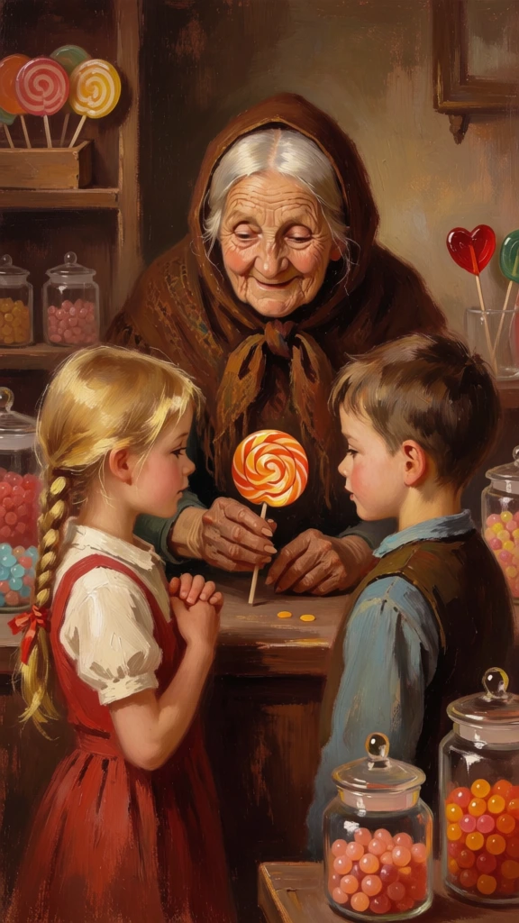In this warm, classically styled oil painting, an elderly woman with a deeply wrinkled face and a kind, smiling expression leans over a wooden counter, offering a large orange swirl lollipop to two young children. The woman is centered in the composition, draped in a dark brown hooded shawl tied at her throat, with her white hair peeking from underneath. To her left, a young girl with long blonde hair tied in a single braid with a red ribbon stands in profile, wearing a white short-sleeved blouse under a red pinafore, her hands clasped near her chest as she gazes at the candy. To the right of the woman, a young boy with short brown hair, also in profile, looks intently at the lollipop while wearing a blue long-sleeved shirt and a dark brown vest. The scene is set in a cozy candy shop, with dark wooden shelves in the background and foreground filled with various glass jars containing colorful round candies in shades of red, orange, and blue. Other lollipops are visible on the shelves, including several round ones in a wooden holder on the upper left and a single heart-shaped red lollipop on the right. The painting uses a warm color palette dominated by earth tones, browns, and oranges, with soft, directional lighting that highlights the faces of the subjects and the central lollipop, creating a nostalgic and gentle atmosphere with visible, textured brushstrokes.