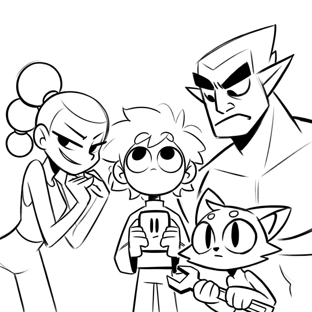 A black and white line art sketch features four stylized cartoon characters of varying sizes and designs arranged together against a plain background. On the far left, a slender female character with a high ponytail composed of three spherical segments leans inward with a smirking expression and narrowed eyes, her hands poised near her chin. In the center stands a smaller figure with messy, spiky hair and large, circular eyes looking upward, cradling a small, rectangular device that features a simple face consisting of two vertical lines for eyes and a small horizontal line for a mouth. Below and to the right of the center figure is a small, feline-like creature with large pointed ears and wide, expressive eyes, gripping a wrench in its paws. Looming on the far right is a large, muscular humanoid character with sharp, pointed ears, thick eyebrows, and a gruff, downward-turned expression. The artwork is a rough, unrefined sketch characterized by loose, black line work with varying thicknesses on a solid white field. It lacks color, shading, or environmental details, focusing entirely on the character silhouettes and their distinct personalities through a 2D animation style. The composition is a group shot from a straight-on perspective, capturing the characters in a loose, informal pose.