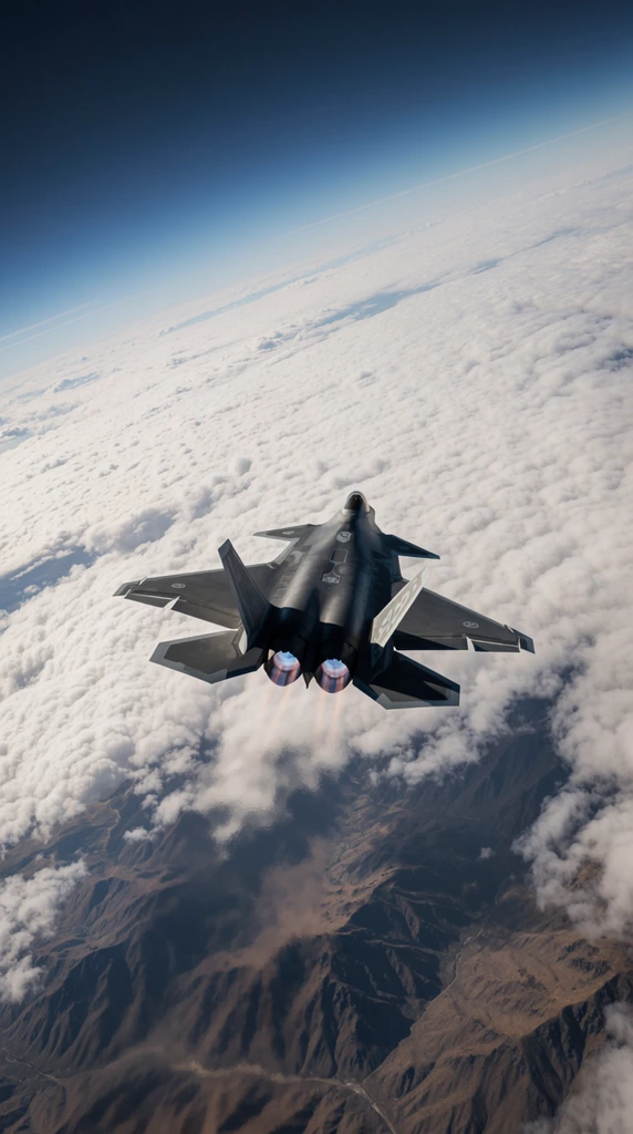 Dark grey stealth fighter jet in high-altitude flight, twin blue afterburners, angular swept wings, rugged brown mountainous terrain below, expansive dense white cloud layer stretching to the curved horizon, deep blue atmospheric gradient at the edge of space, high-angle aerial perspective, photorealistic, cinematic lighting
